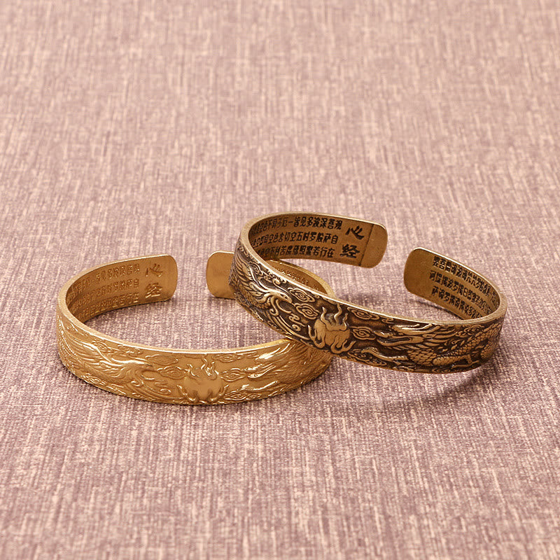 Bracelet porte-bonheur en cuivre sculpté avec pierres de Bouddha, dragon et phénix jouant avec une perle, Sutra du cœur