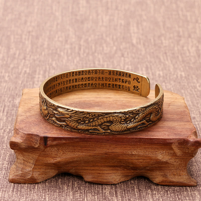 Bracelet porte-bonheur en cuivre sculpté avec pierres de Bouddha, dragon et phénix jouant avec une perle, Sutra du cœur