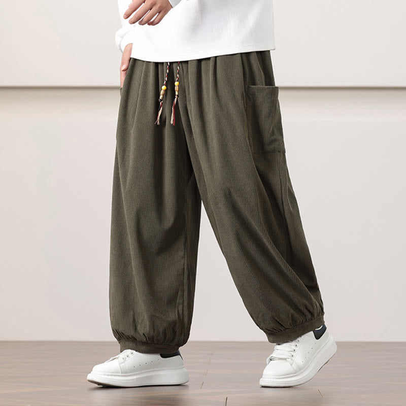 Buddha Stones Solid Color Corduroy Drawstring Men's Harem Pants With Pockets