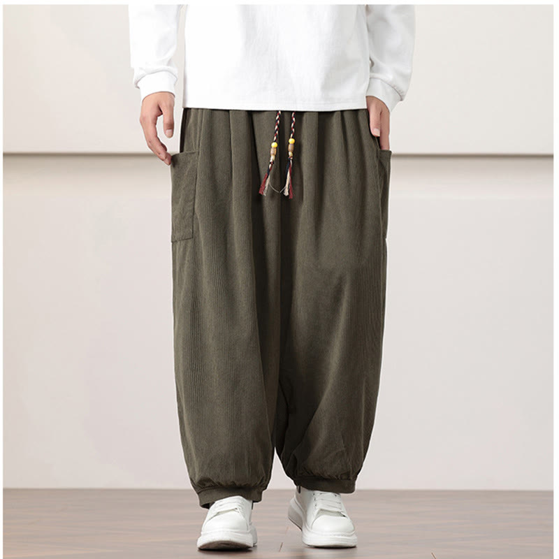 Buddha Stones Solid Color Corduroy Drawstring Men's Harem Pants With Pockets