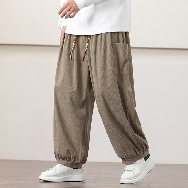 Buddha Stones Solid Color Corduroy Drawstring Men's Harem Pants With Pockets