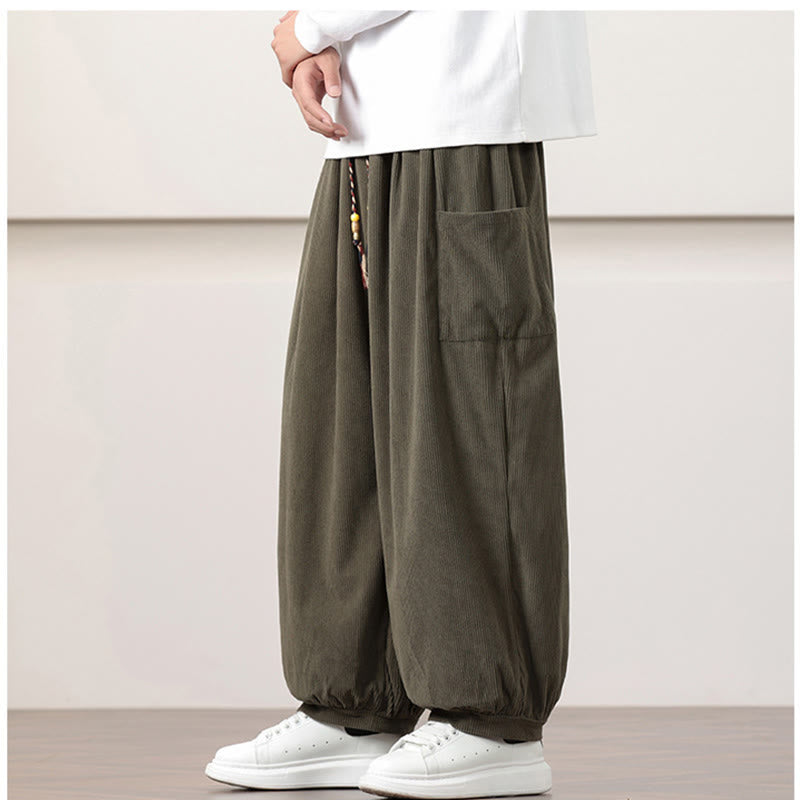 Buddha Stones Solid Color Corduroy Drawstring Men's Harem Pants With Pockets