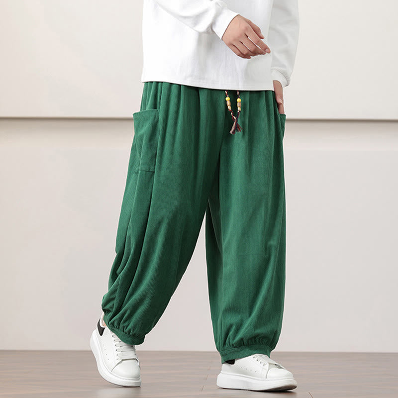 Buddha Stones Solid Color Corduroy Drawstring Men's Harem Pants With Pockets