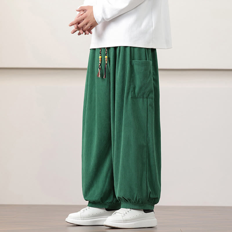 Buddha Stones Solid Color Corduroy Drawstring Men's Harem Pants With Pockets