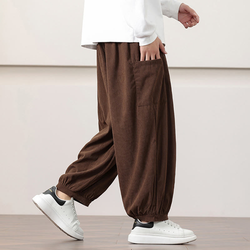 Buddha Stones Solid Color Corduroy Drawstring Men's Harem Pants With Pockets