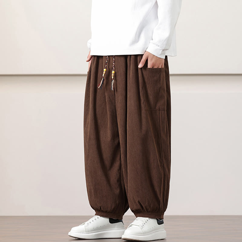 Buddha Stones Solid Color Corduroy Drawstring Men's Harem Pants With Pockets