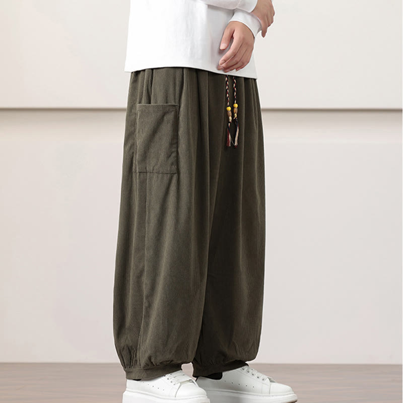 Buddha Stones Solid Color Corduroy Drawstring Men's Harem Pants With Pockets