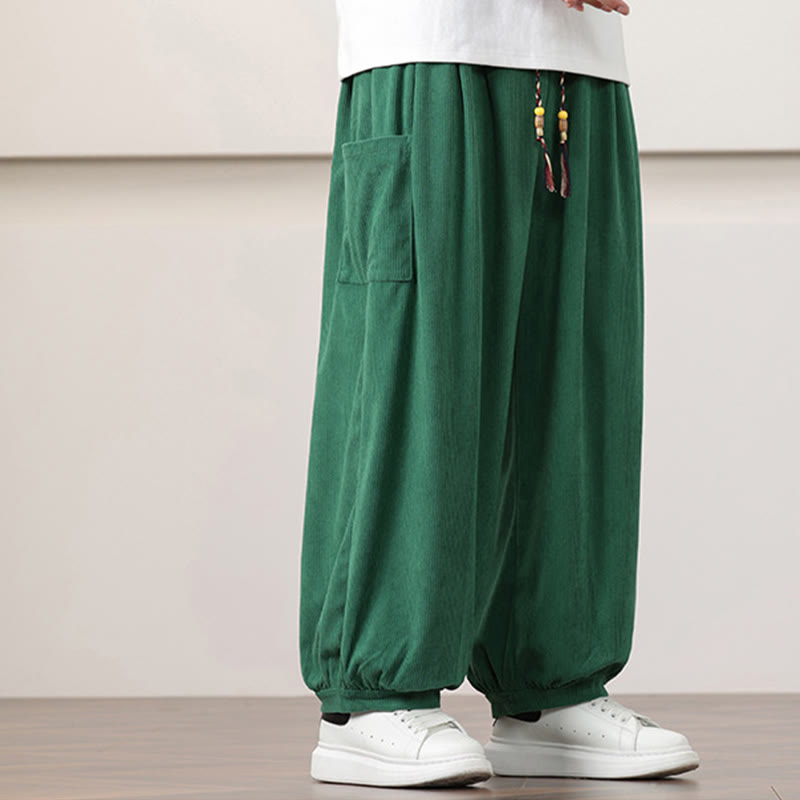 Buddha Stones Solid Color Corduroy Drawstring Men's Harem Pants With Pockets