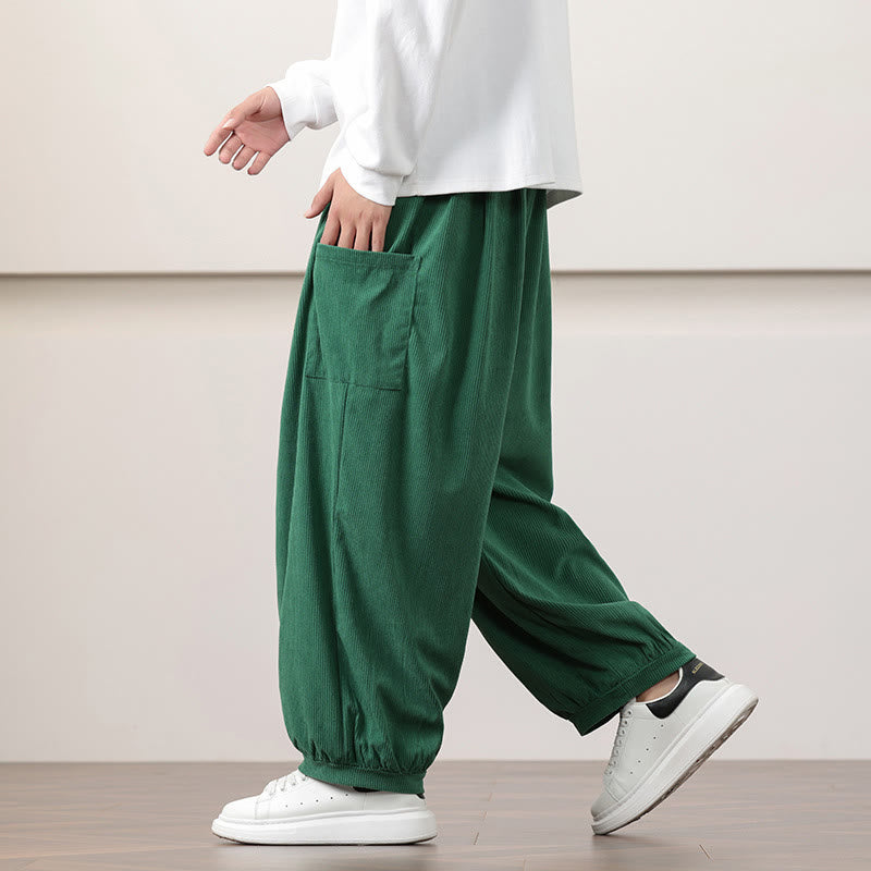 Buddha Stones Solid Color Corduroy Drawstring Men's Harem Pants With Pockets