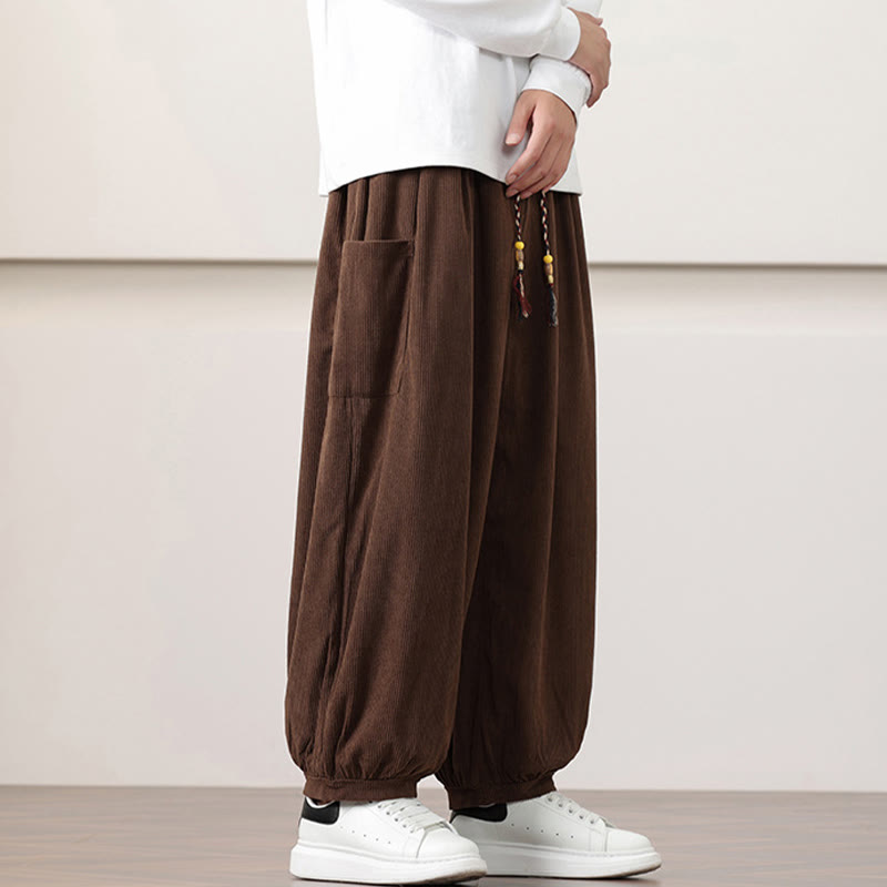 Buddha Stones Solid Color Corduroy Drawstring Men's Harem Pants With Pockets