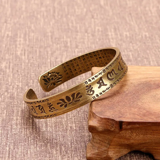 Buddha Stones Six True Words 'om Mani Padme Hum' Heart Sutra Lotus Copper Peace Cuff Bracelet Bangle BS