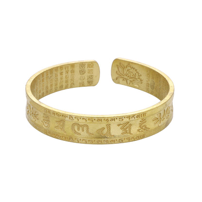 Bracelet manchette en cuivre avec six mots authentiques « om mani padme hum » et « sūtra du cœur », symbole de la paix et du lotus
