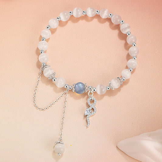 Buddha Stones Chrysoberyl Cat Eye Moonstone 925 Sterling Silver Year of the Snake Peace Bracelet