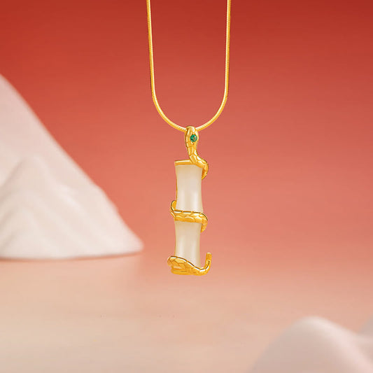Collier pendentif en argent sterling 925 avec pierres de Bouddha et jade Hetian, symbole de l'année du serpent et de la croissance du bambou