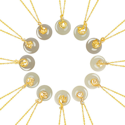 Collier pendentif en argent sterling 925 avec pierres de Bouddha et jade Hetian, symbole du zodiaque chinois