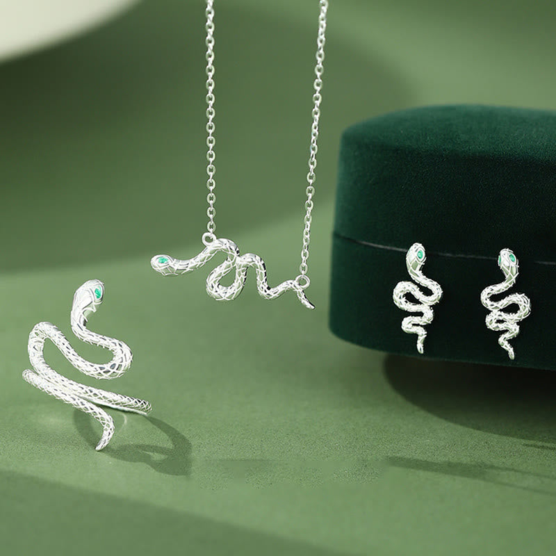 Ensemble collier, bague, pendentif et boucles d'oreilles en argent sterling 925 avec pierres de Bouddha, Année du Serpent