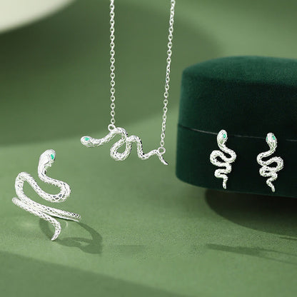 Ensemble collier, bague, pendentif et boucles d'oreilles en argent sterling 925 avec pierres de Bouddha, Année du Serpent