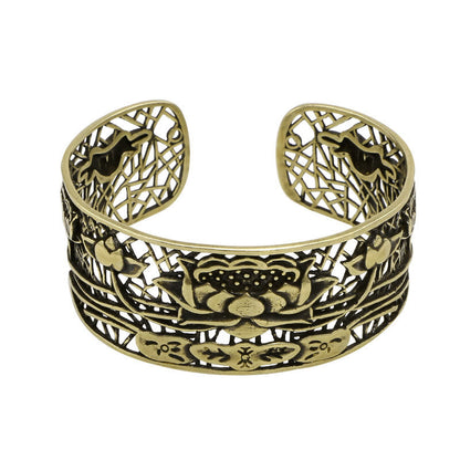 Bracelet jonc de guérison et d'illumination en cuivre plaqué argent avec pierres de Bouddha et lotus creux