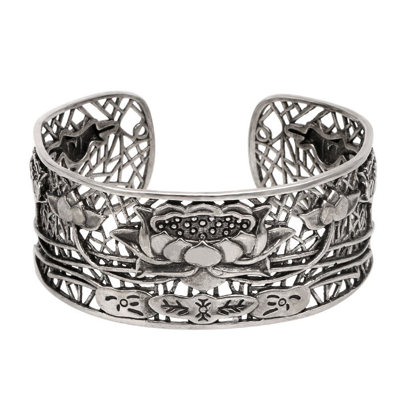 Bracelet jonc de guérison et d'illumination en cuivre plaqué argent avec pierres de Bouddha et lotus creux
