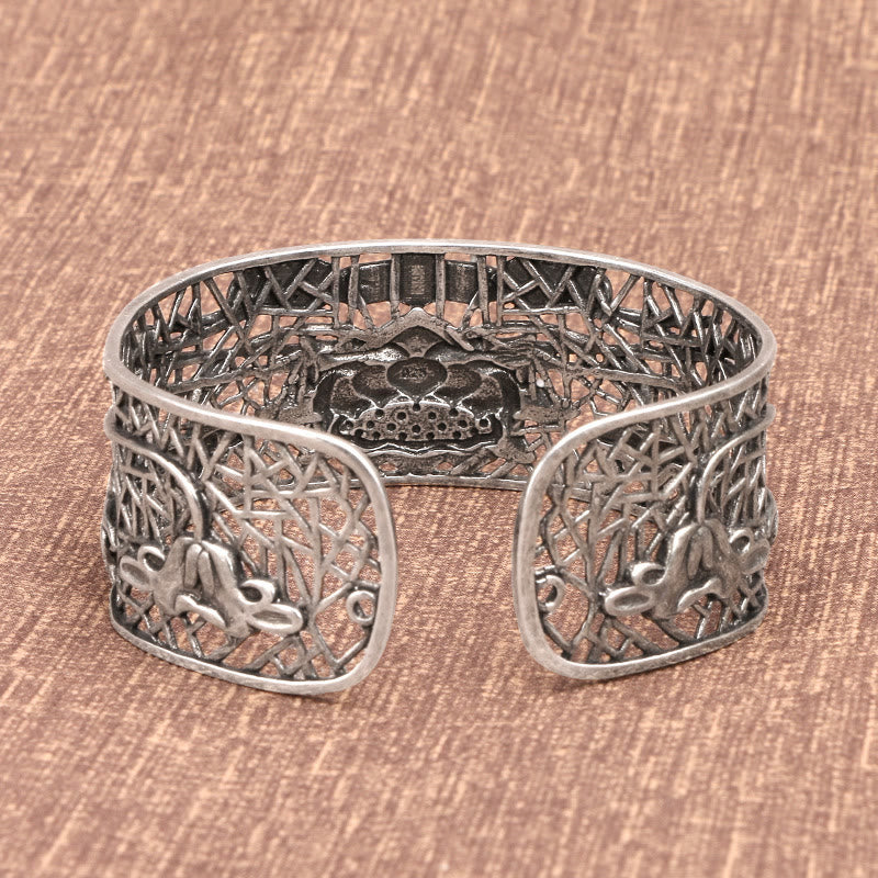 Bracelet jonc de guérison et d'illumination en cuivre plaqué argent avec pierres de Bouddha et lotus creux