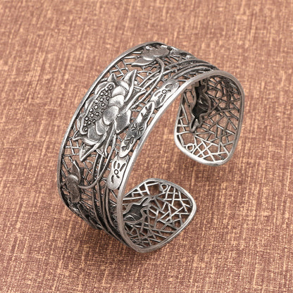 Bracelet jonc de guérison et d'illumination en cuivre plaqué argent avec pierres de Bouddha et lotus creux