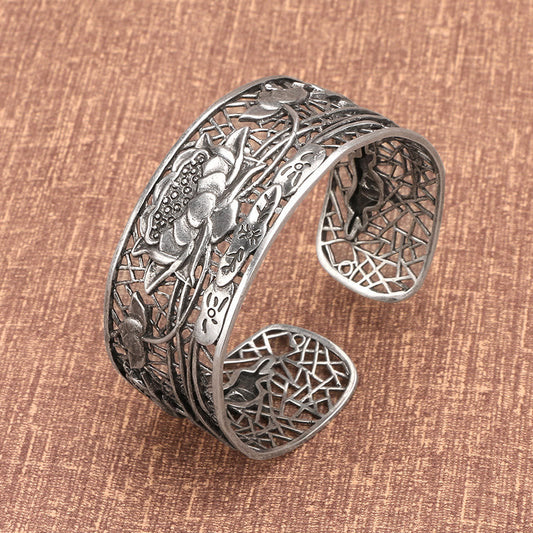Bracelet jonc de guérison et d'illumination en cuivre plaqué argent avec pierres de Bouddha et lotus creux
