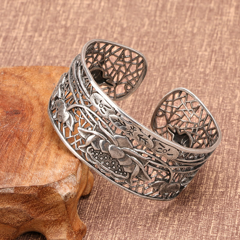 Bracelet jonc de guérison et d'illumination en cuivre plaqué argent avec pierres de Bouddha et lotus creux