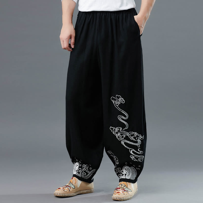 Buddha Stones Clouds Elastic Waist Ethnic Cotton Men's Pants With Pockets