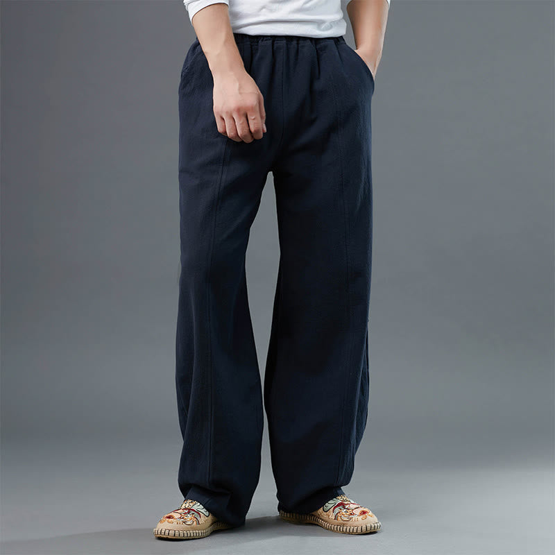 Buddha Stones Casual Solid Color Cotton Linen Men's Pants With Pockets