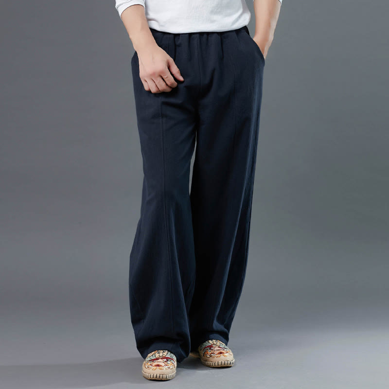 Buddha Stones Casual Solid Color Cotton Linen Men's Pants With Pockets