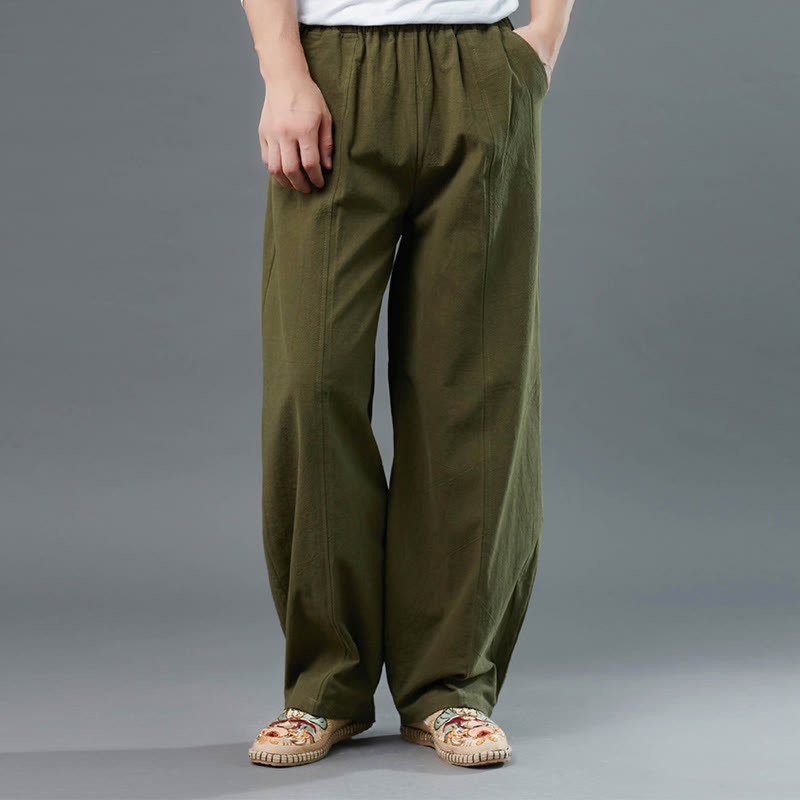 Buddha Stones Casual Solid Color Cotton Linen Men's Pants With Pockets