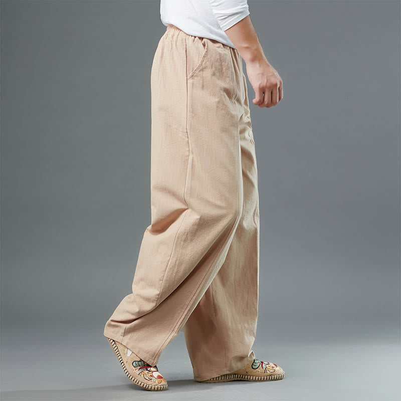 Buddha Stones Casual Solid Color Cotton Linen Men's Pants With Pockets