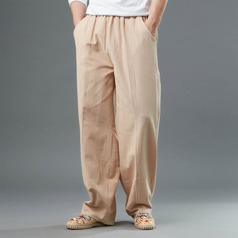 Buddha Stones Casual Solid Color Cotton Linen Men's Pants With Pockets