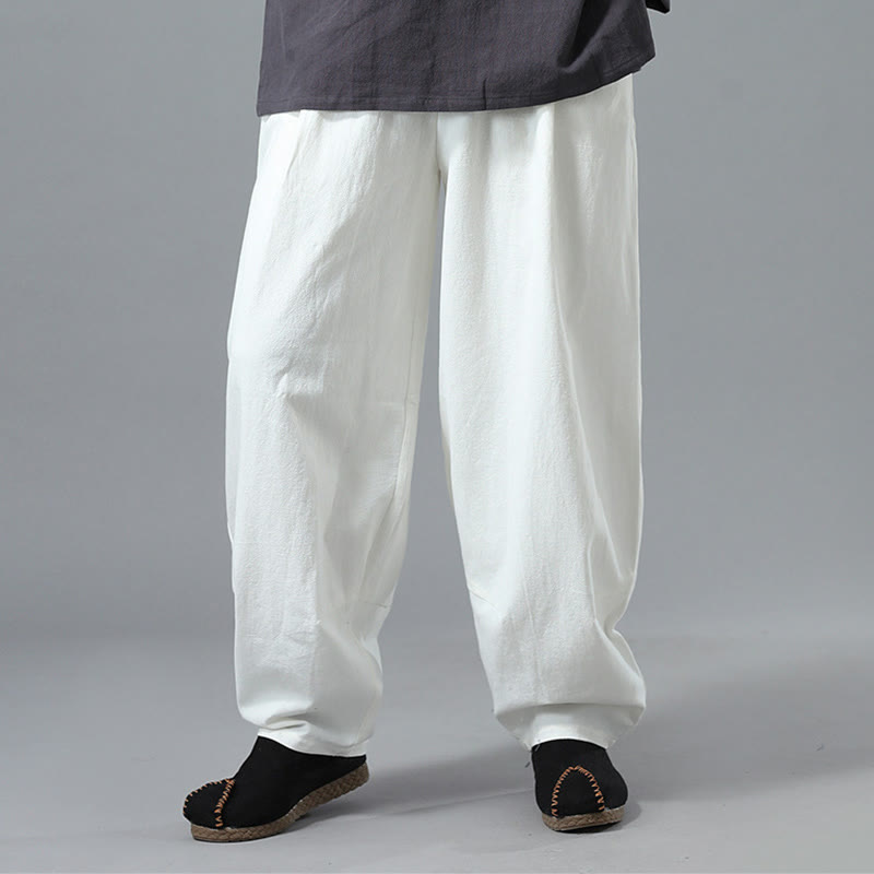 Buddha Stones Casual Solid Color Drawstring Cotton Linen Men's Pants With Pockets