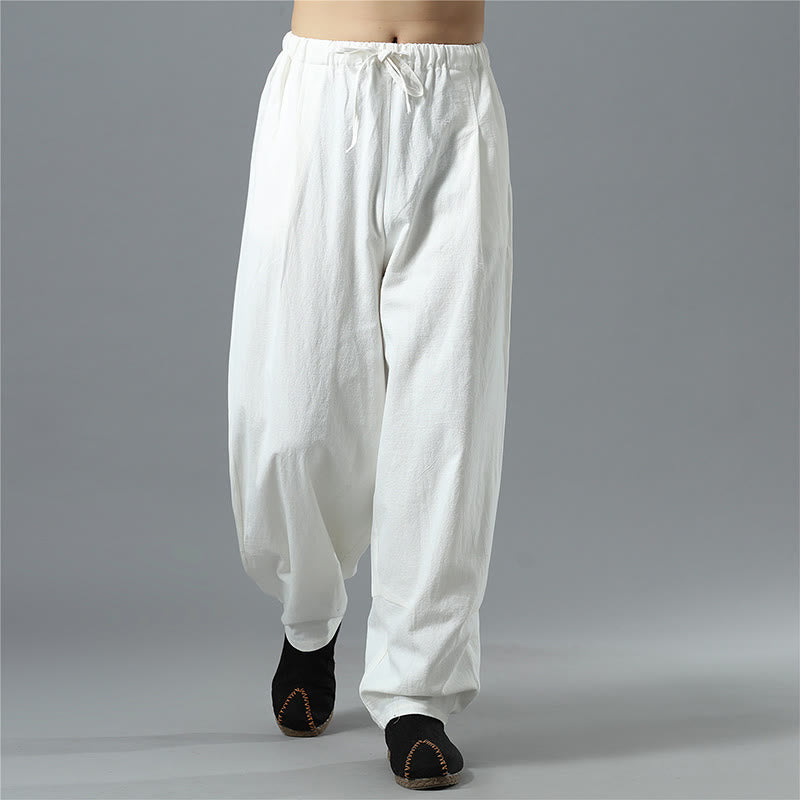 Buddha Stones Casual Solid Color Drawstring Cotton Linen Men's Pants With Pockets