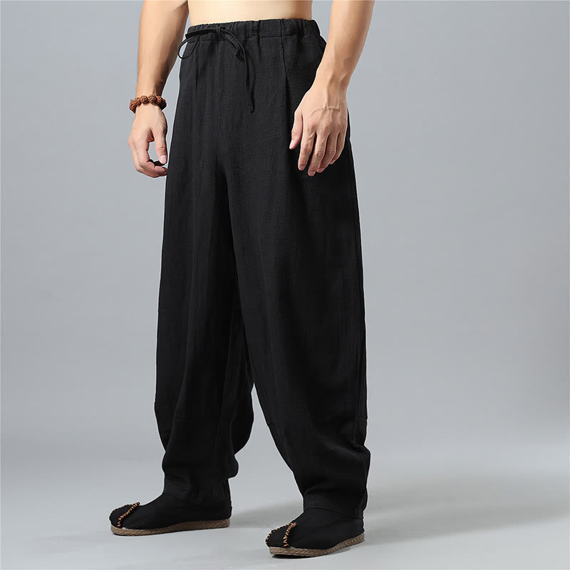 Buddha Stones Casual Solid Color Drawstring Cotton Linen Men's Pants With Pockets