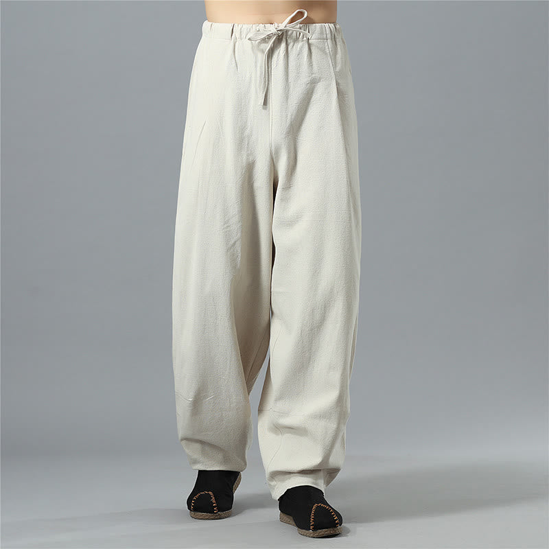 Buddha Stones Casual Solid Color Drawstring Cotton Linen Men's Pants With Pockets