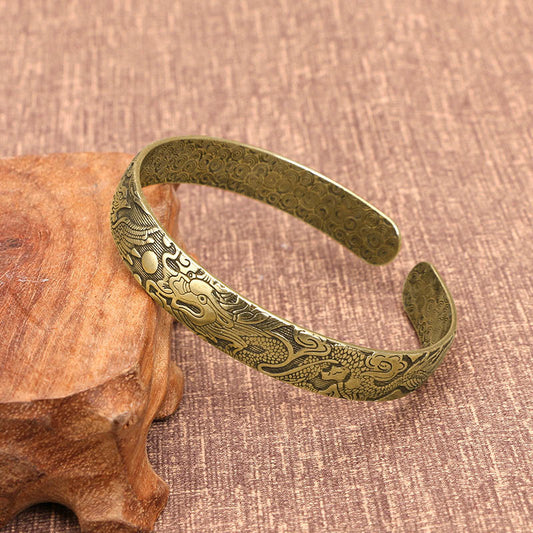 Bracelet jonc en cuivre sculpté avec pierres de Bouddha, dragon et phénix jouant avec une perle, protection porte-bonheur