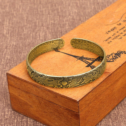 Buddha Stones Dragon And Phoenix Playing With A Pearl Carved Copper Luck Protection Bracelet Bangle