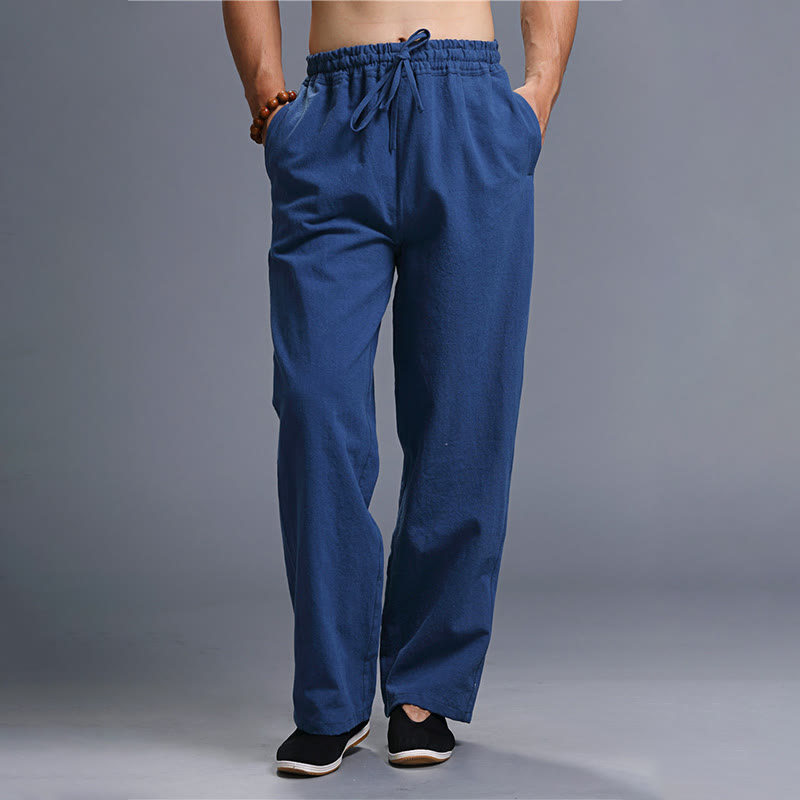 Buddha Stones Casual Plain Color Drawstring Linen Men's Pants With Pockets