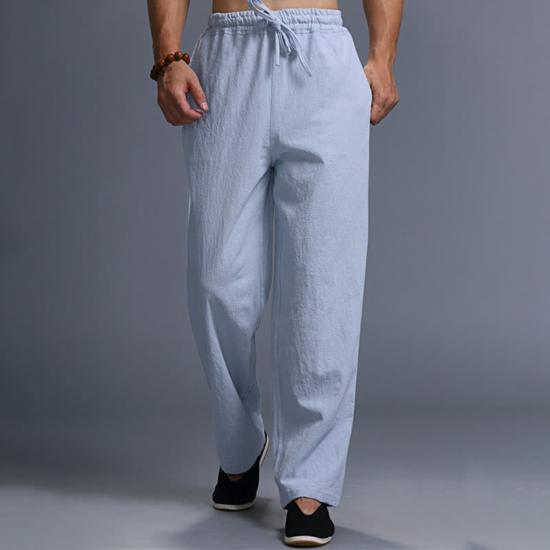 Buddha Stones Casual Plain Color Drawstring Linen Men's Pants With Pockets