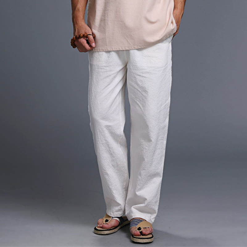 Buddha Stones Casual Plain Color Drawstring Linen Men's Pants With Pockets