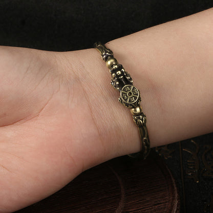 Bracelet porte-bonheur en cuivre avec pierres de Bouddha Pi Xiu et lingot de pièce de monnaie