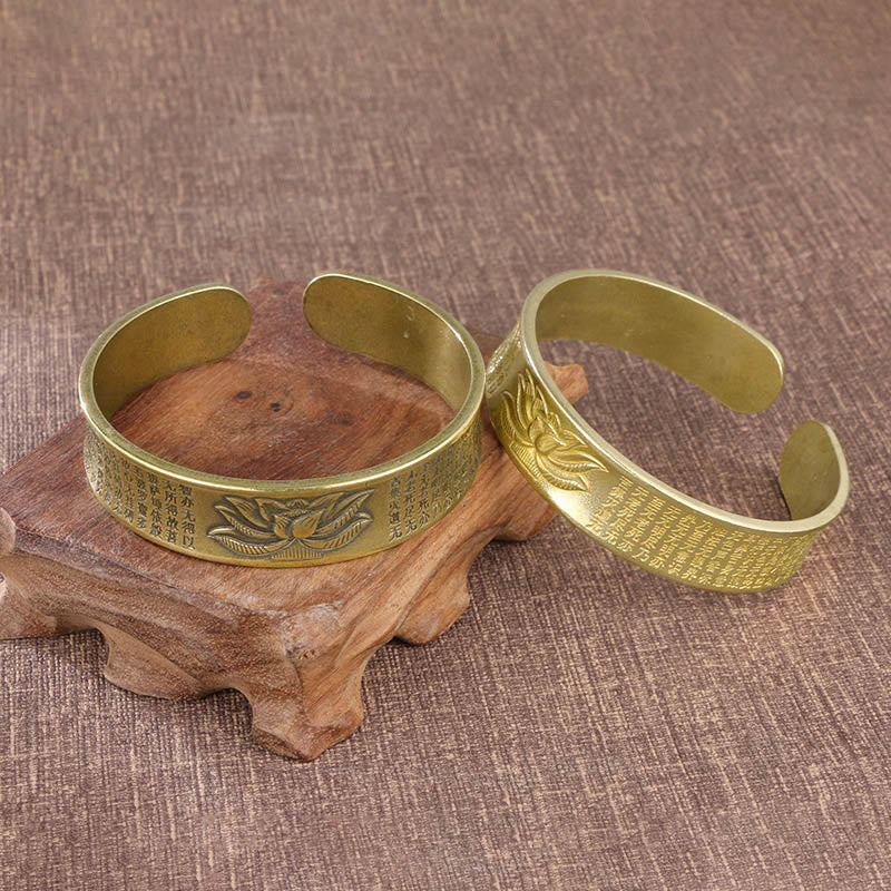 Buddha Stones Heart Sutra Lotus Flower Copper Peace Cuff Bracelet Bangle