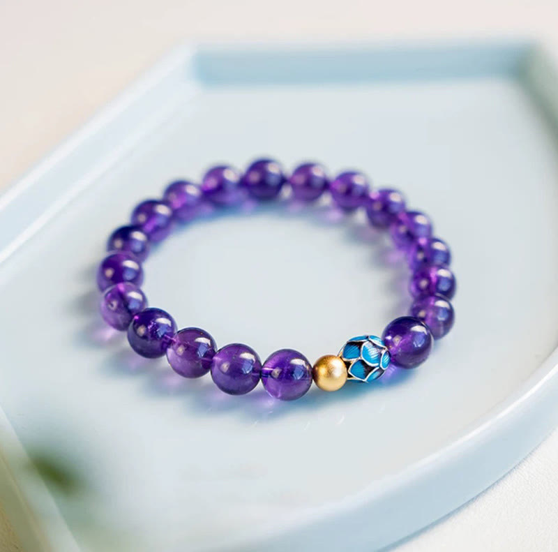 Bracelet de conscience spirituelle en améthyste naturelle et lotus en pierres de Bouddha