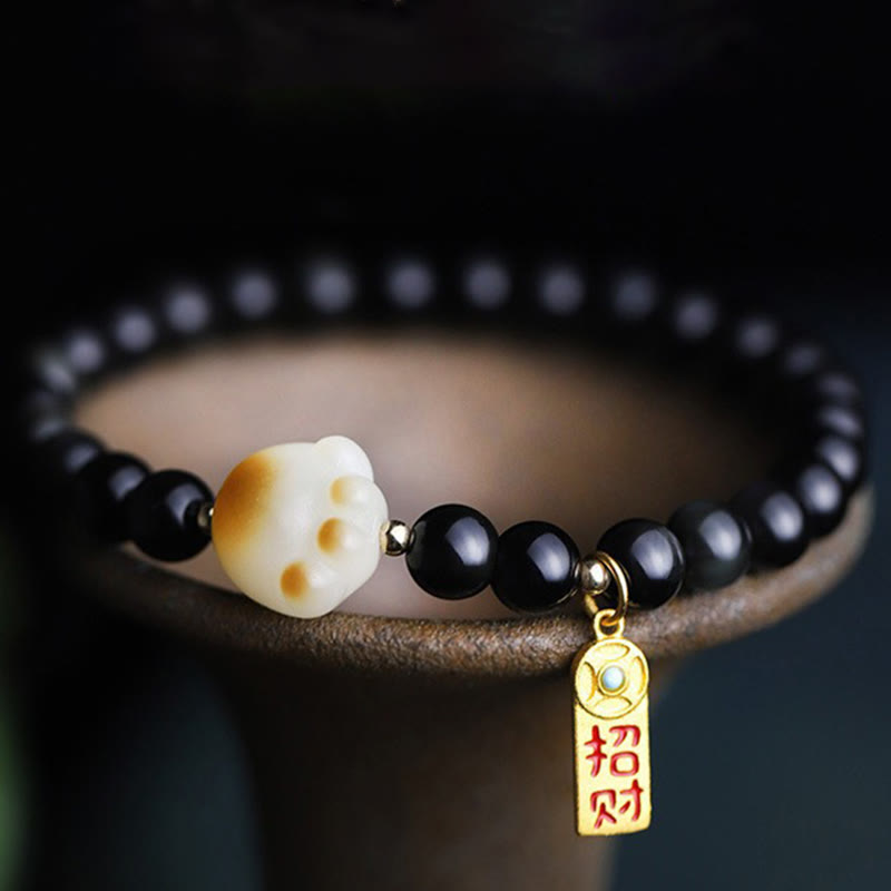 Buddha Stones Black Obsidian Cat Paw Bodhi Seed Lucky Fortune Charm Purification Bracelet