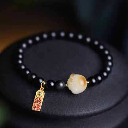 Bracelet porte-bonheur et de purification en obsidienne noire, motif patte de chat, graine de Bodhi