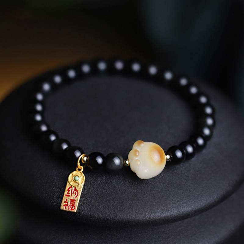 Buddha Stones Black Obsidian Cat Paw Bodhi Seed Lucky Fortune Charm Purification Bracelet