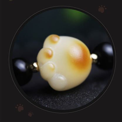 Bracelet porte-bonheur et de purification en obsidienne noire, motif patte de chat, graine de Bodhi