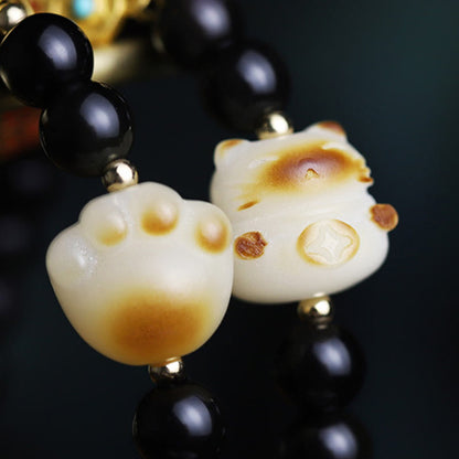 Bracelet porte-bonheur et de purification en obsidienne noire, motif patte de chat, graine de Bodhi